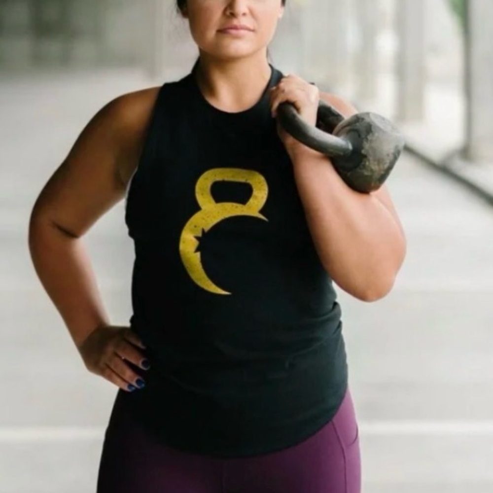 ZYIA Active | Black/Metallic Gold Kettlebell Moon Logo Cotton Tank-Top Sz XL